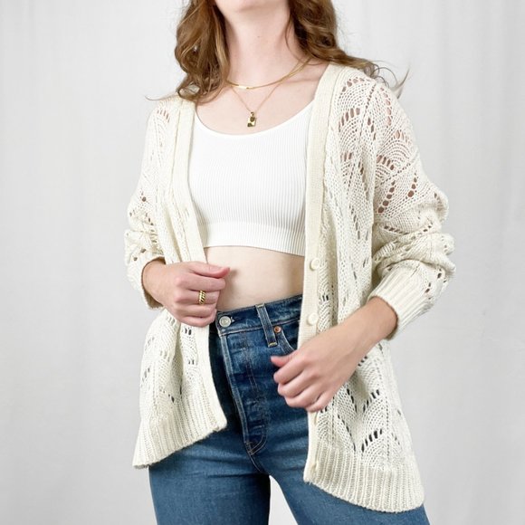 Stunning Vintage Oversized Open Crochet Cable Knit Cardigan Sweater Jumper White - Picture 6 of 7